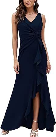 FQA Long Black Evening Gowns for Women Formal Dresses for Women Evening Party Elegant V Neck Sleeveless Split Wrap