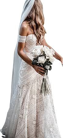LIPOSA Women's Bohemian Wedding Dresses with Detachable Arm Bands Sweetheart Mermaid Lace Bridal Gown