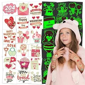 EMOME 204 PCS Individually Wrapped Luminous Valentine's Day Temporary Tattoo Kids, Glow Kiss Heart Tattoos Temporary for Women Kids, Valentine's Day Accessories Decorations Gifts Party Favors Supplies