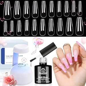 Beetles Gel Nail Kit Easy Nail Extension Set with 500Pcs Soft Gel Nail Tips Coffin Shape 5 In 1 Nail Glue Base Gel and Innovative Led Lamp Easy Diy Nails Art Home Gelly Tips Beetles Vday Gifts