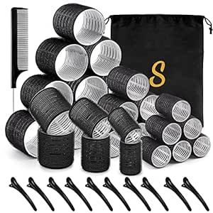 Self grip hair roller set 28 pcs,Heatless hair curlers,Hair rollers with hair roller clips and comb,Salon hairdressing curlers,DIY Hair Styles, Sungenol 3 Sizes Black Hair Rollers in 1 set