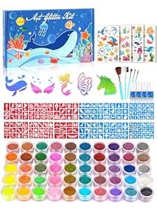 Asawira 50 Color Glitter Tattoo Kit for Kid, Temporary Glitter Tattoos with 171 Stencils, 4 Sheets Temporary Tattoos, 4 Glues & 5 Brushes, Festive Birthday Party Gifts for Girls & Boys