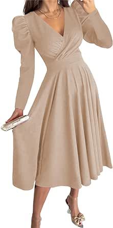 Dokotoo Womens Wrap V Neck Long Sleeve High Waist Vintage Wedding Guest Cocktail Party Swing A Line Midi Dresses