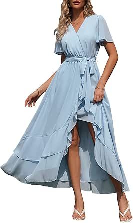 Simplee Womens Solid Chiffon Wrap Formal Maxi Ruffle Split Dress Flowy Bridesmaid Wedding Party Evening Dress with Belt