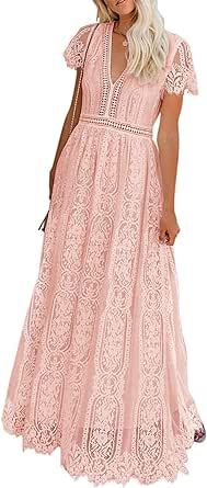 MEROKEETY Women's V Neck Short Sleeve Floral Lace Wedding Dress Bridesmaid Cocktail Party Maxi Dress Pink