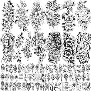 72 Sheets Temporary Tattoos Including 12 Sheets Large Sexy Flowers Fake That Look Real and Last Long, Waterproof Rose Moon Butterfly Tiger Snake Temporary Tattoos for Women and Girls